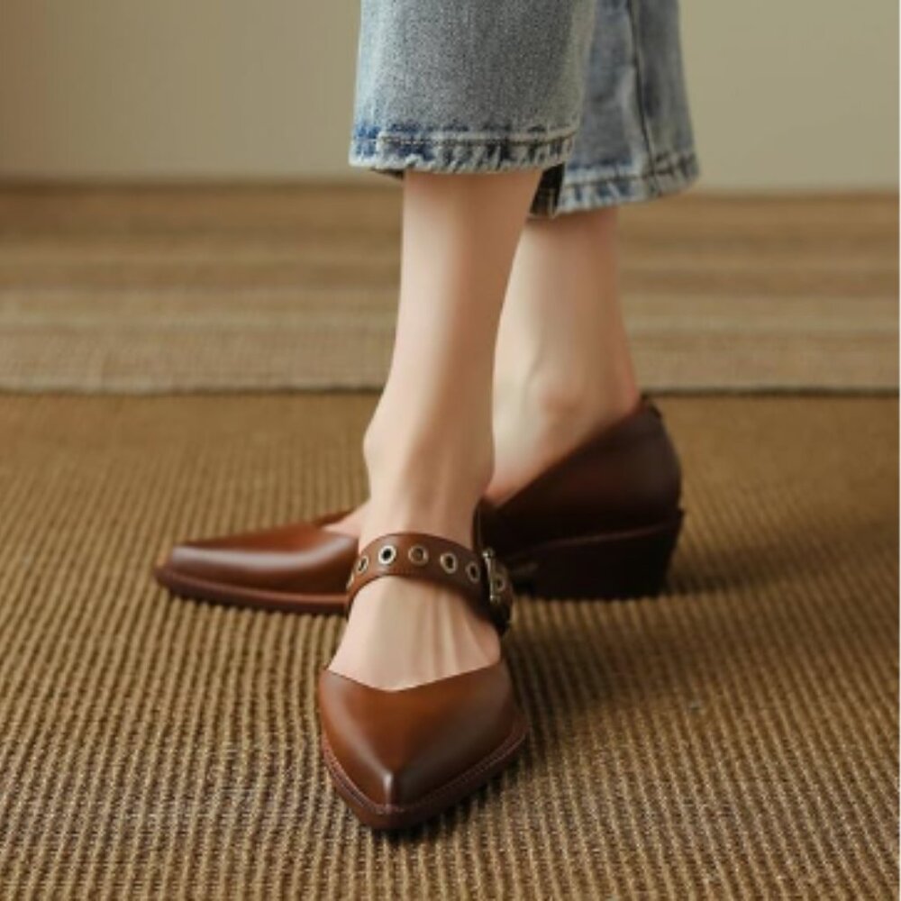 YDN Brown Pointed Closed Toe Mary Jane Chunky Heels Loafers Hollow Buckle Shoes